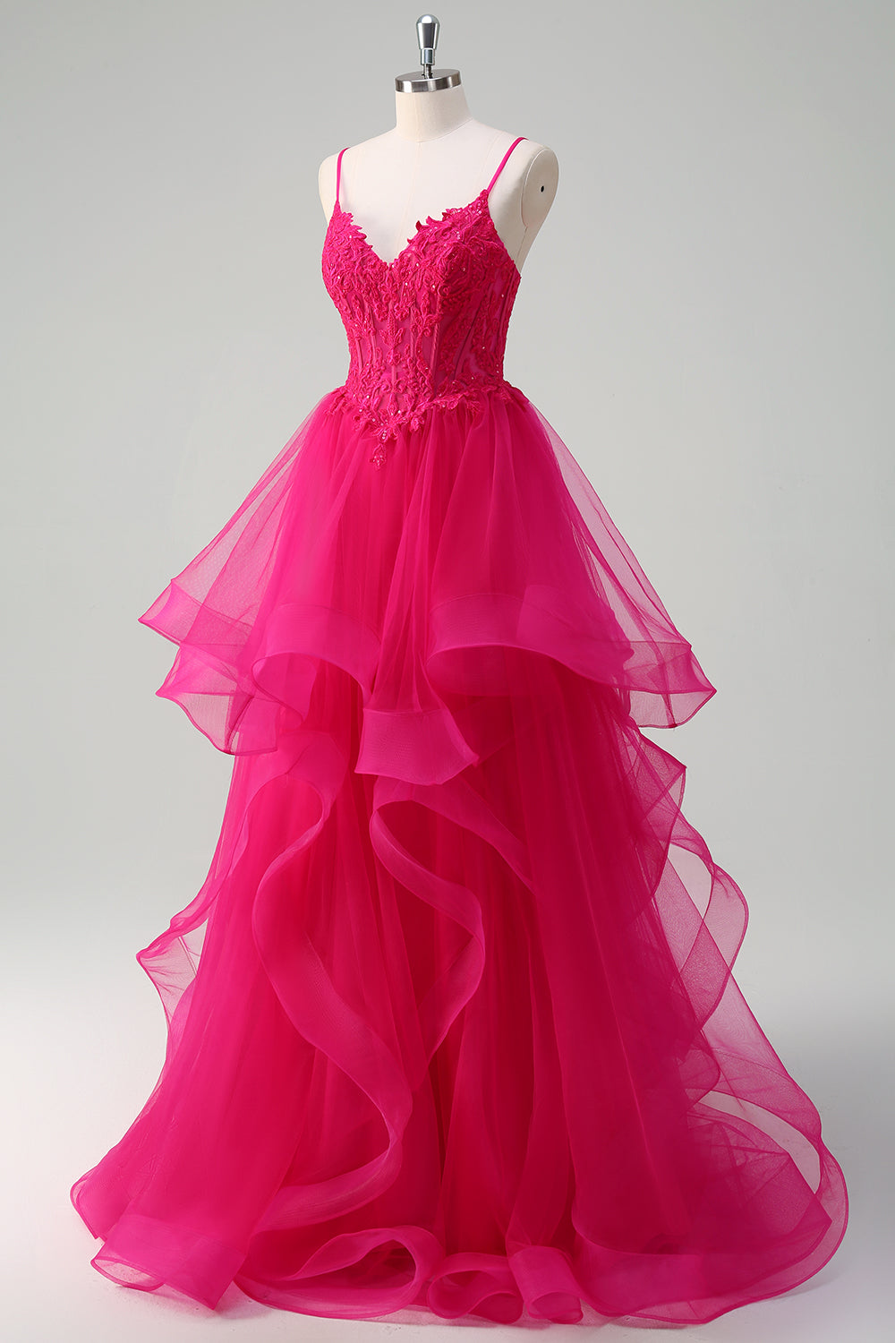 Hot Pink Appliques Corset Spaghetti Straps A Line Spiral Ruffles Prom Dress