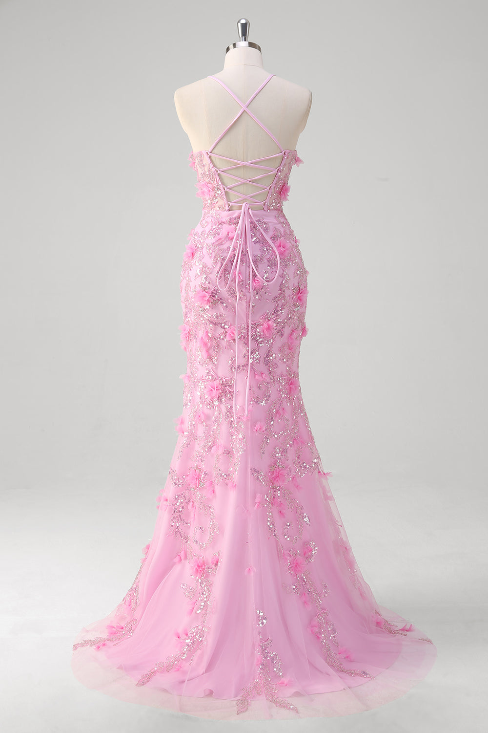 Sparkly Pink Floral Mermaid Spaghetti Straps Hollow Out Long Prom Dress with Slit