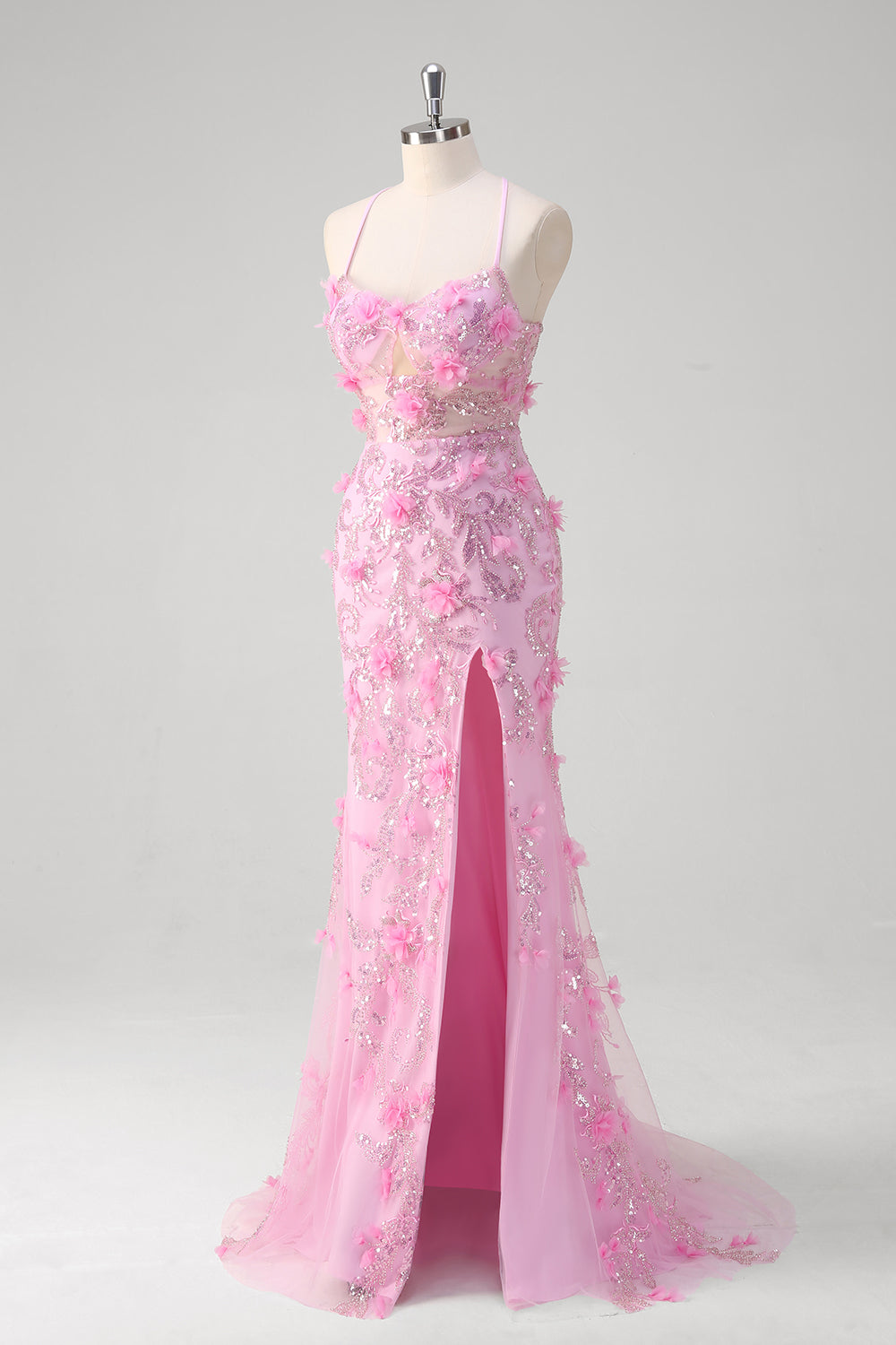 Sparkly Pink Floral Mermaid Spaghetti Straps Hollow Out Long Prom Dress with Slit