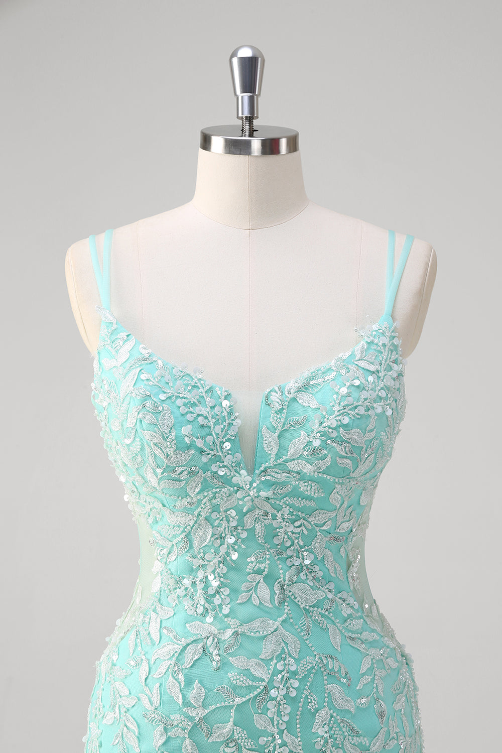 Mint Floral Mermaid Spaghetti Straps Corset Long Prom Dress with Slit