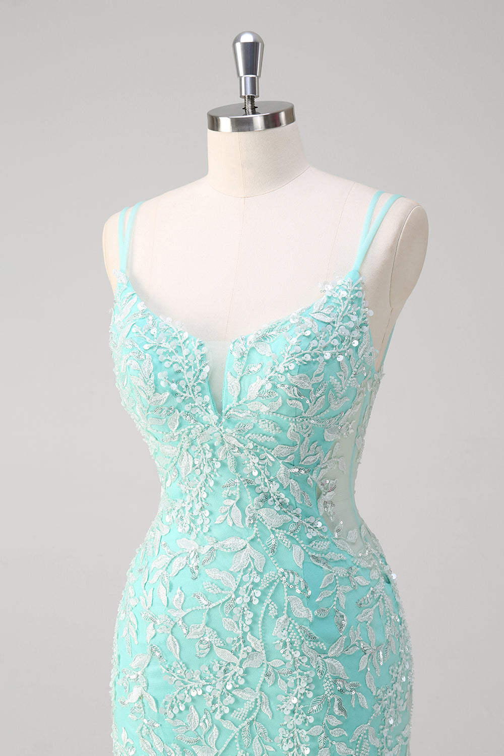 Mint Floral Mermaid Spaghetti Straps Corset Long Prom Dress with Slit