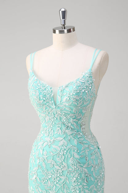 Mint Floral Mermaid Spaghetti Straps Corset Long Prom Dress with Slit
