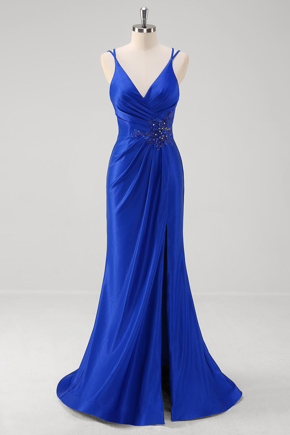 Royal Blue V-Neck Mermaid Applique V-Neck Long Prom Dress with Slit