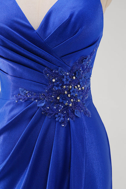 Royal Blue V-Neck Mermaid Applique V-Neck Long Prom Dress with Slit