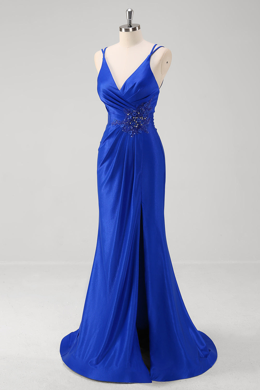 Royal Blue V-Neck Mermaid Applique V-Neck Long Prom Dress with Slit