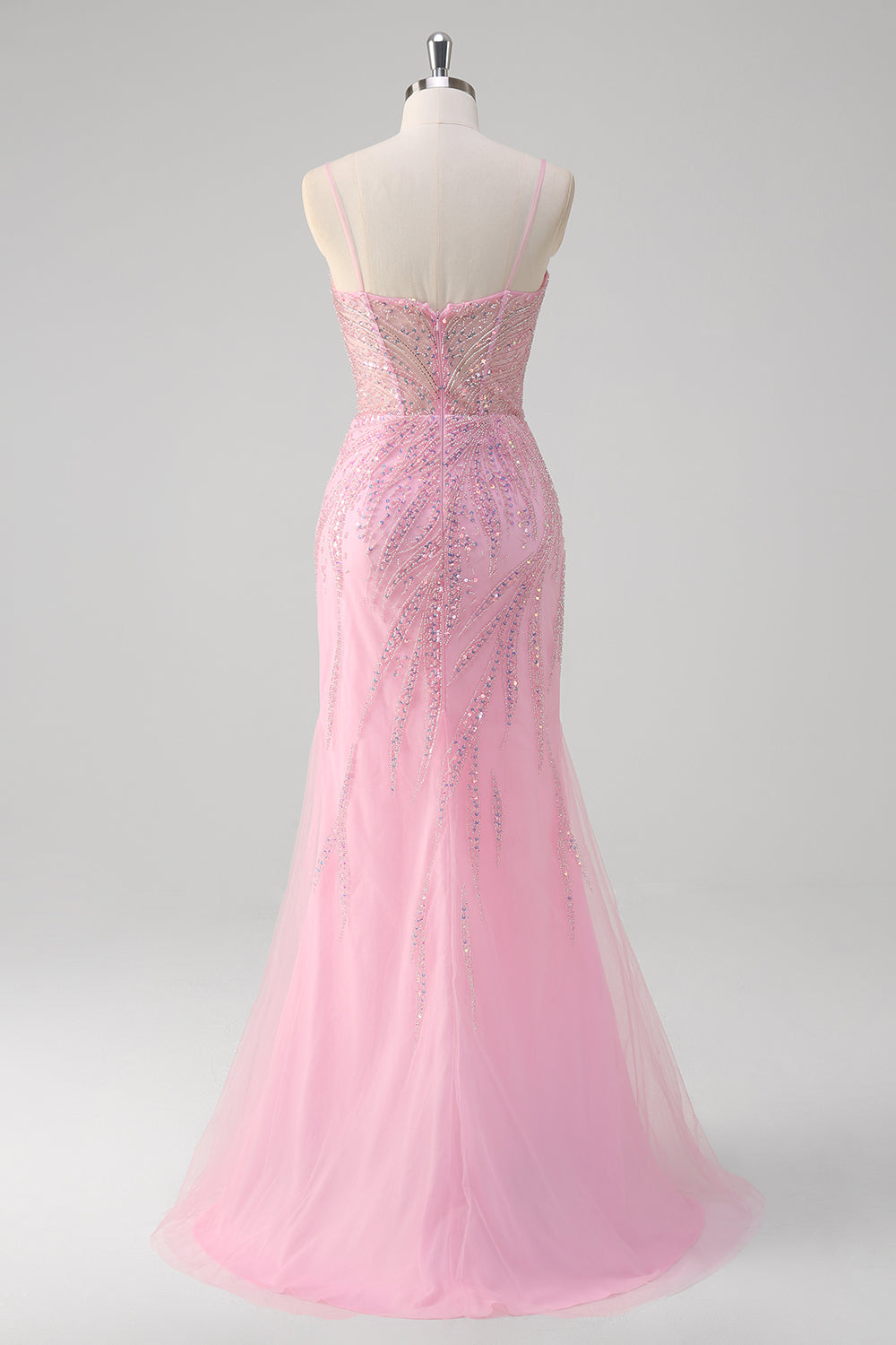 Sparkly Pink Mermaid Spaghetti Straps Beaded Long Prom Dress