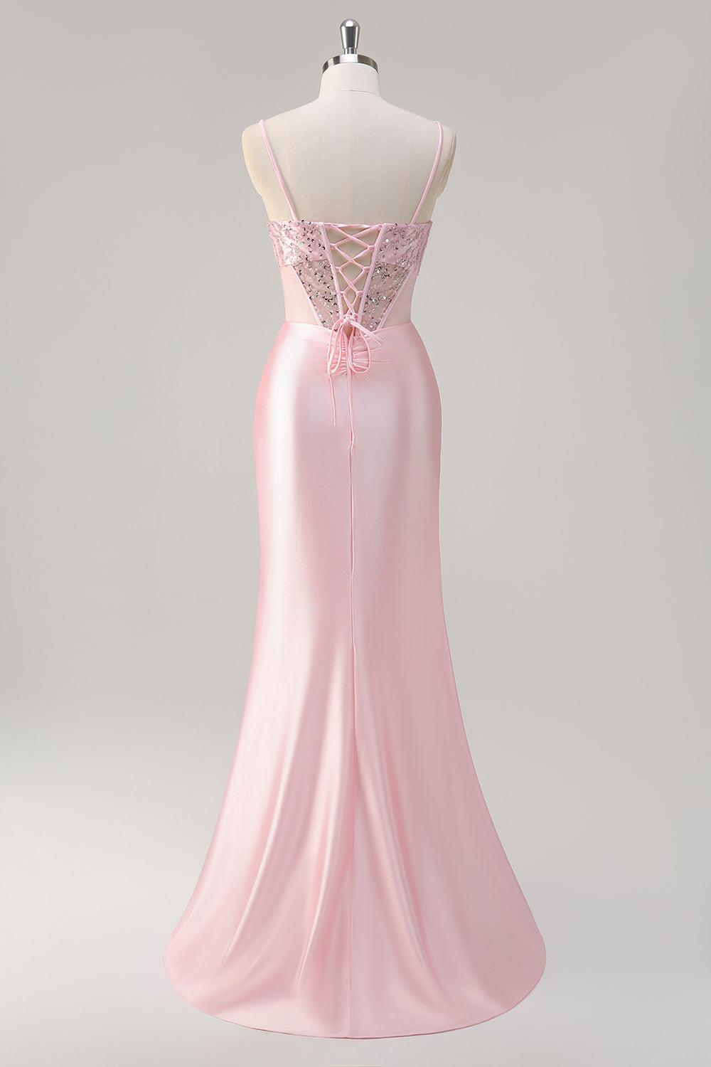 Pink Mermaid Sequined Spaghetti Straps Corset Long Prom Dress with Slit