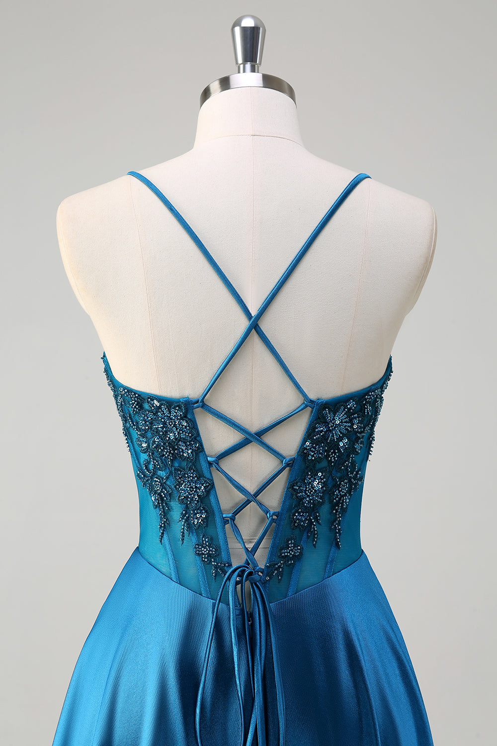 Glitter Blue Corset Spaghetti Straps Long Prom Dress With Sequins