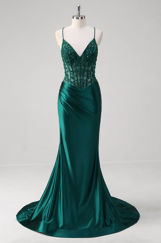 Sparkly Dark Green Mermaid Applique Spaghetti Straps Long Prom Dress