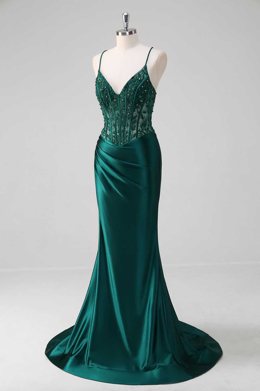 Sparkly Dark Green Mermaid Applique Spaghetti Straps Long Prom Dress