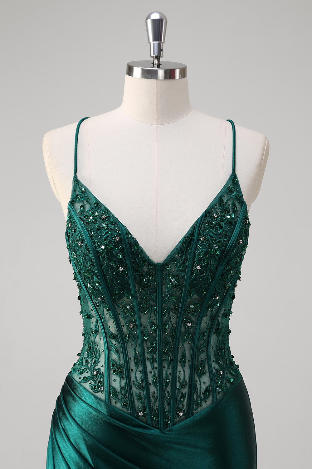 Sparkly Dark Green Mermaid Applique Spaghetti Straps Long Prom Dress