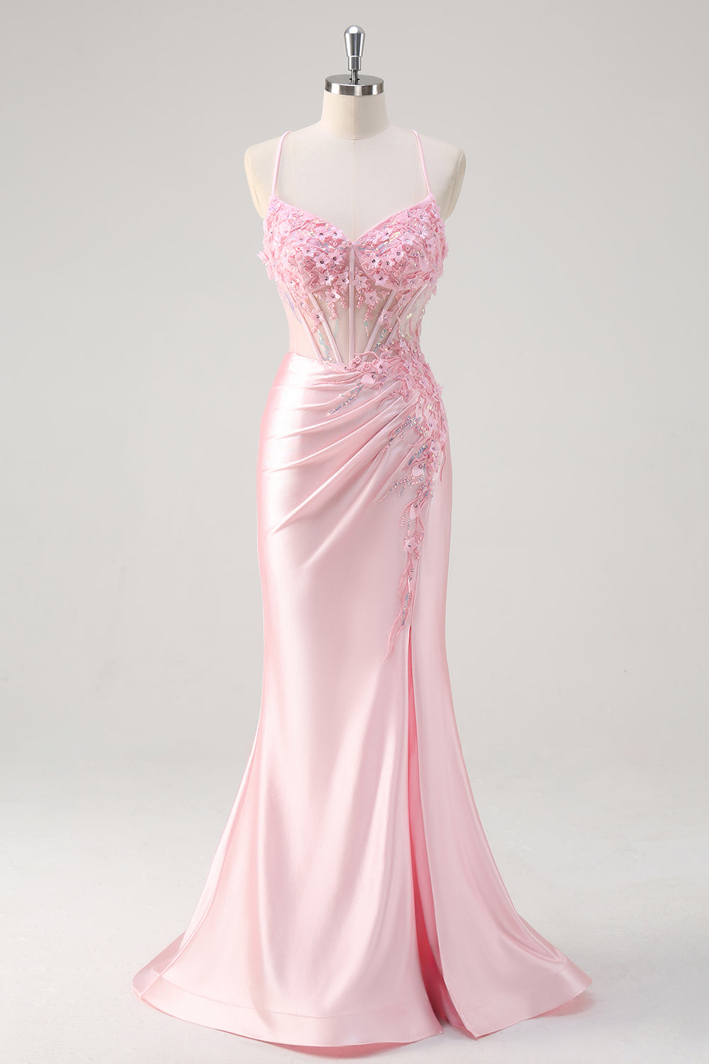 Pink Floral Mermaid Spaghetti Straps Long Prom Dress with Slit