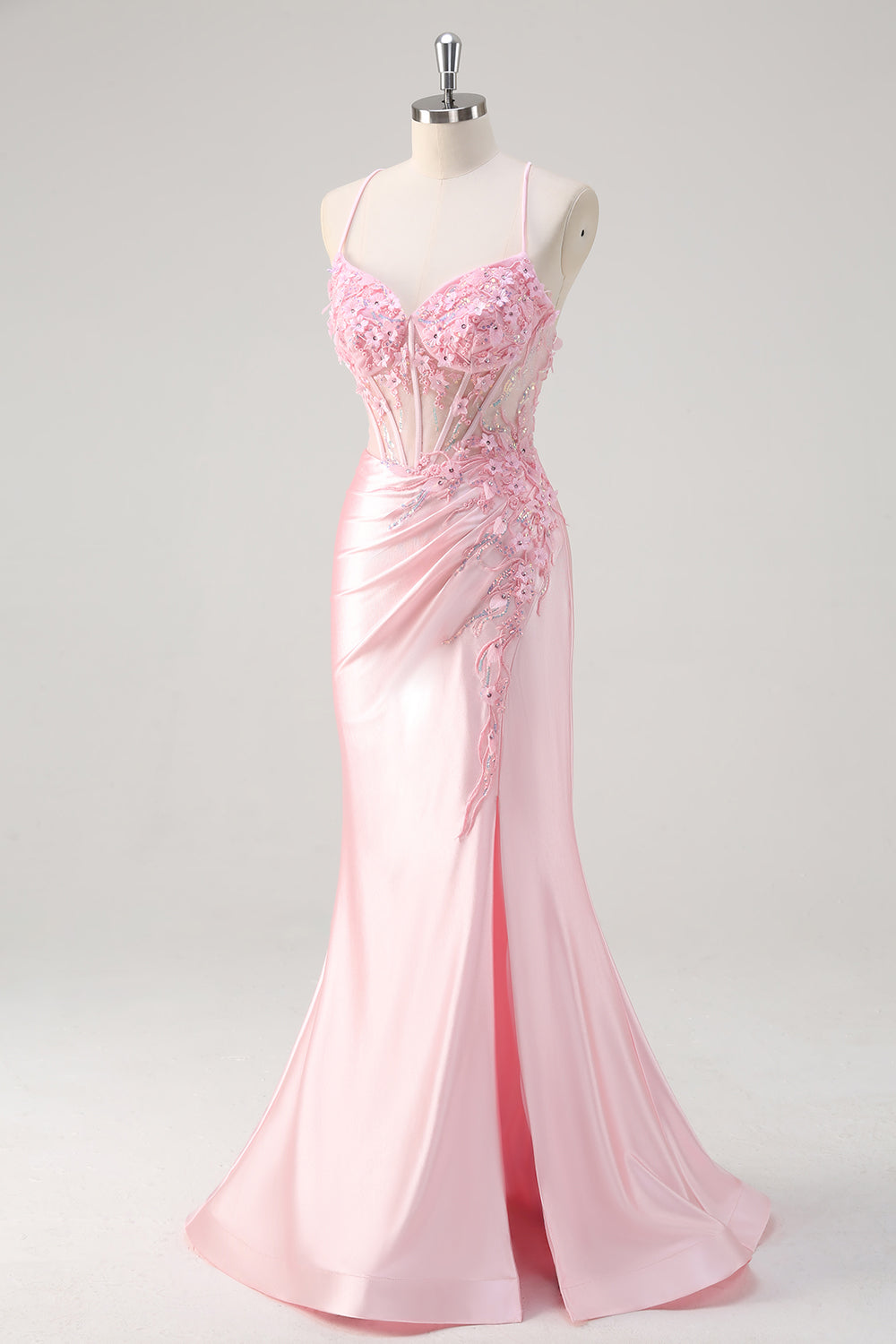 Pink Floral Mermaid Spaghetti Straps Long Prom Dress with Slit