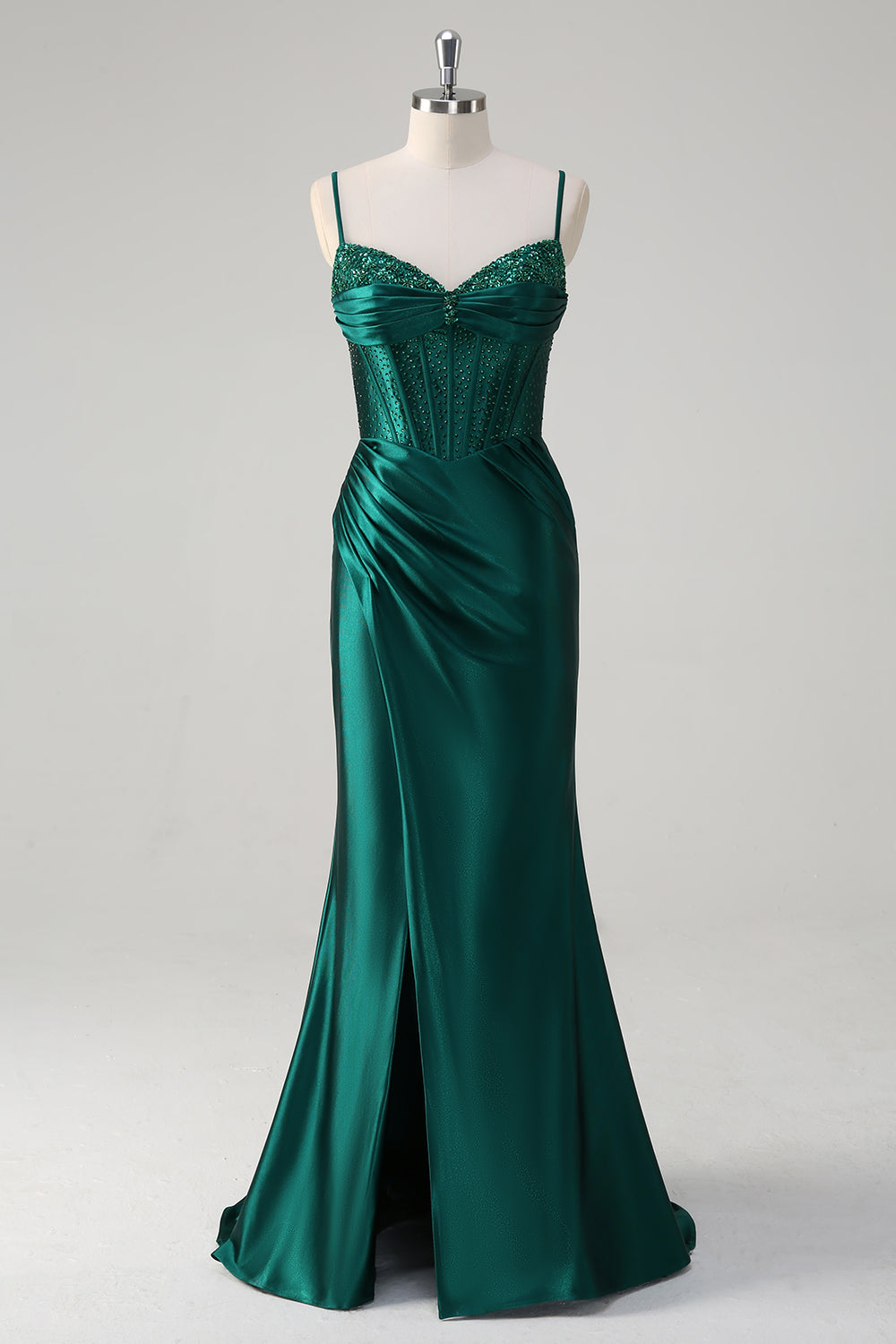 Dark Green Mermaid Sequined Spaghetti Straps Long Prom Dress with Slit