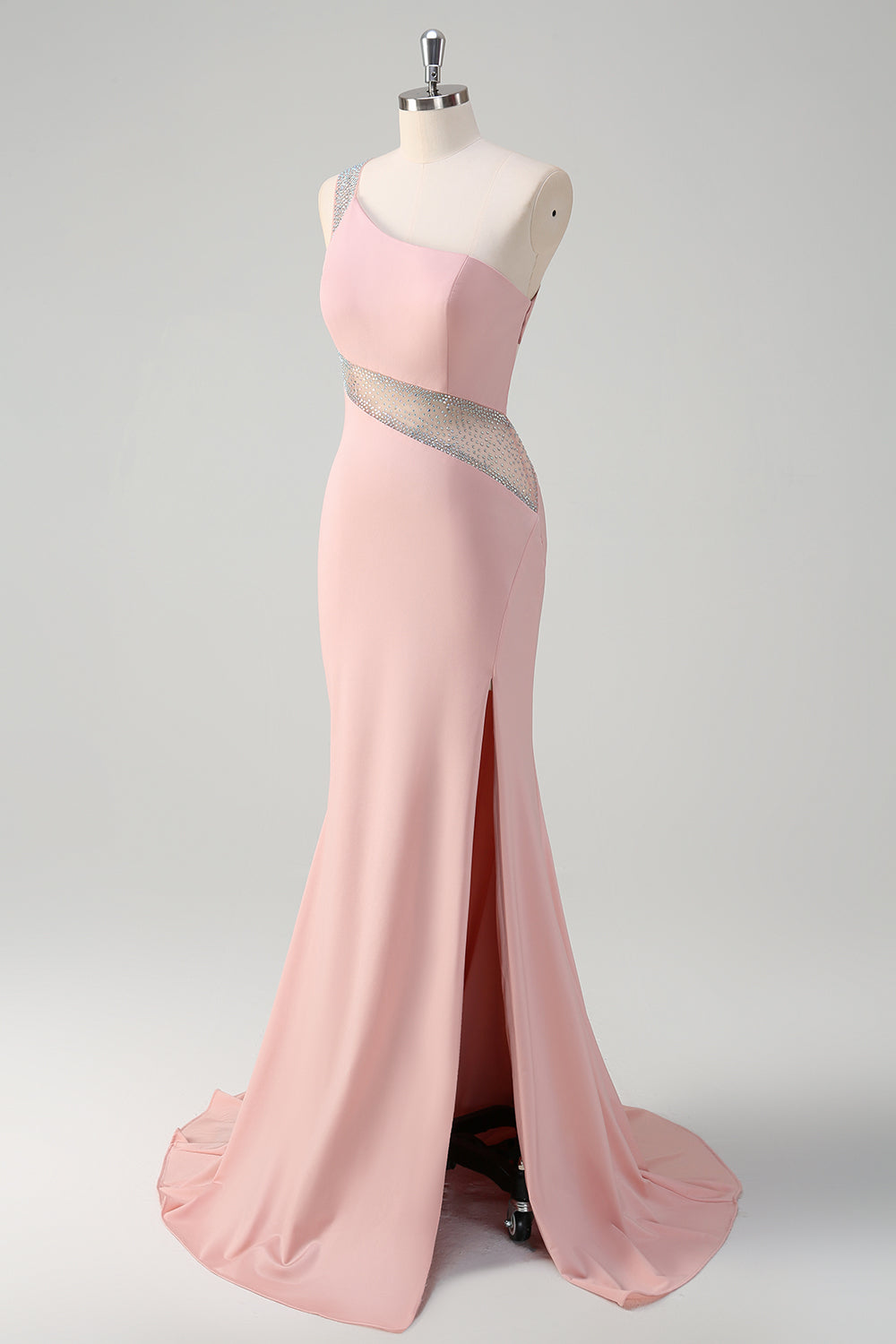 Sparkly Light Pink Mermaid One Shoulder Beaded Satin Long Prom Dress with Slit