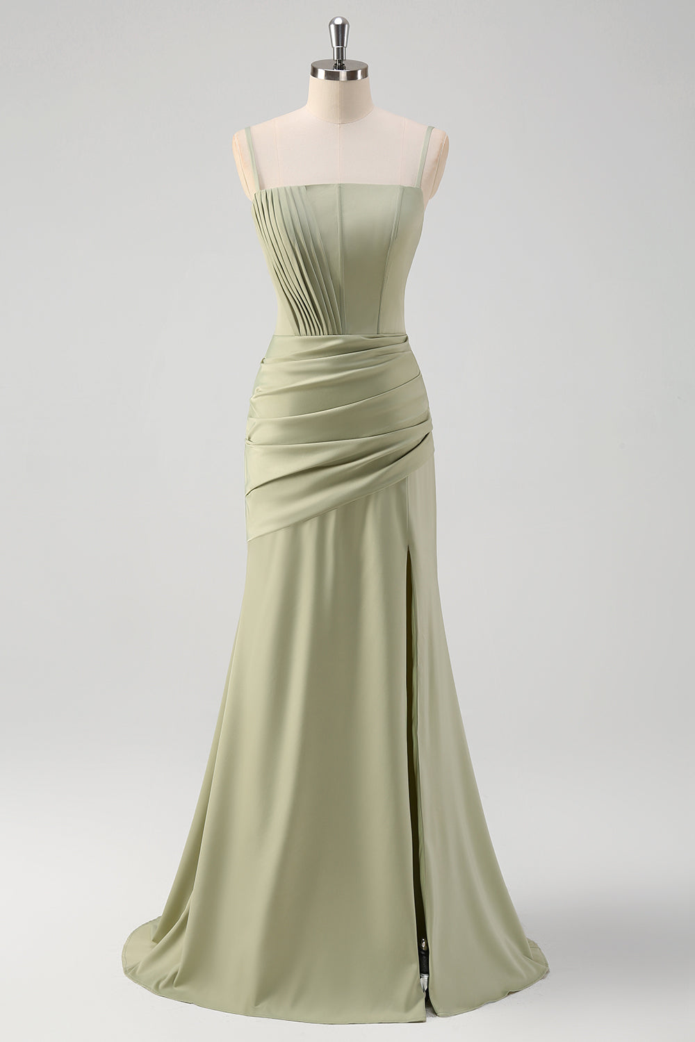 Sage Spaghetti Straps Long Bridesmaid Dress with Slit