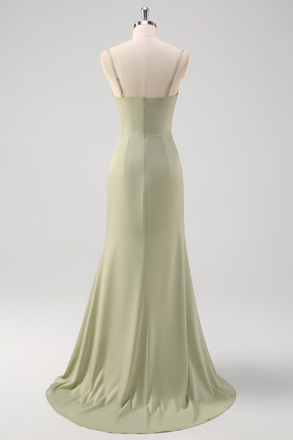 Sage Spaghetti Straps Long Bridesmaid Dress with Slit