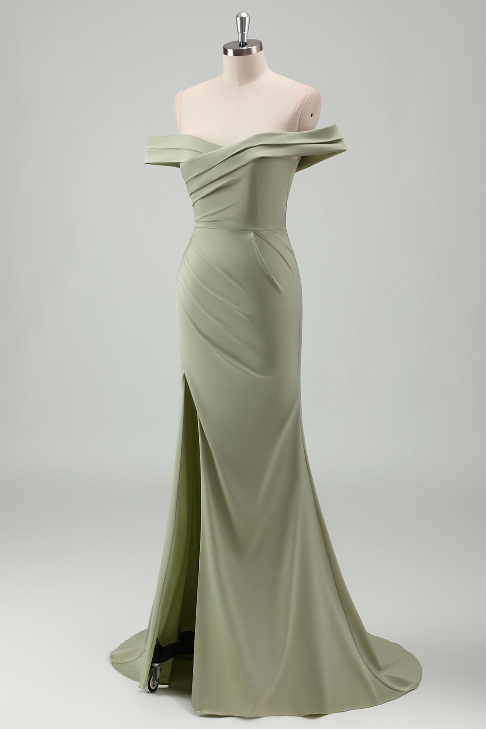 Off The Shoulder Sage Long Bridesmaid Dress with Slit