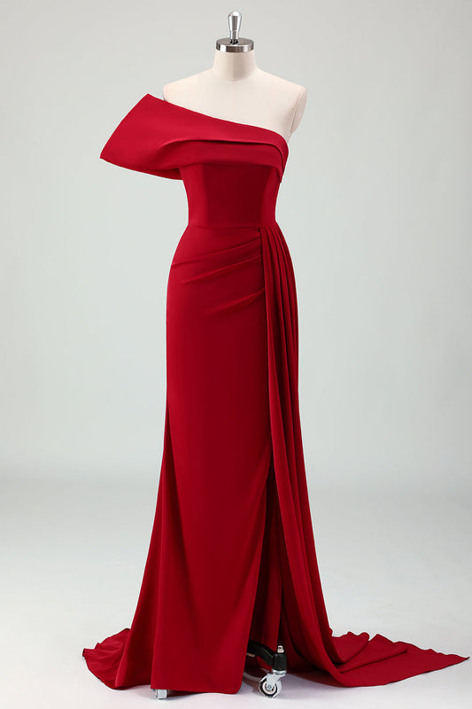 Red Mermaid One Shoulder Pleats Satin Long Prom Dress with Slit