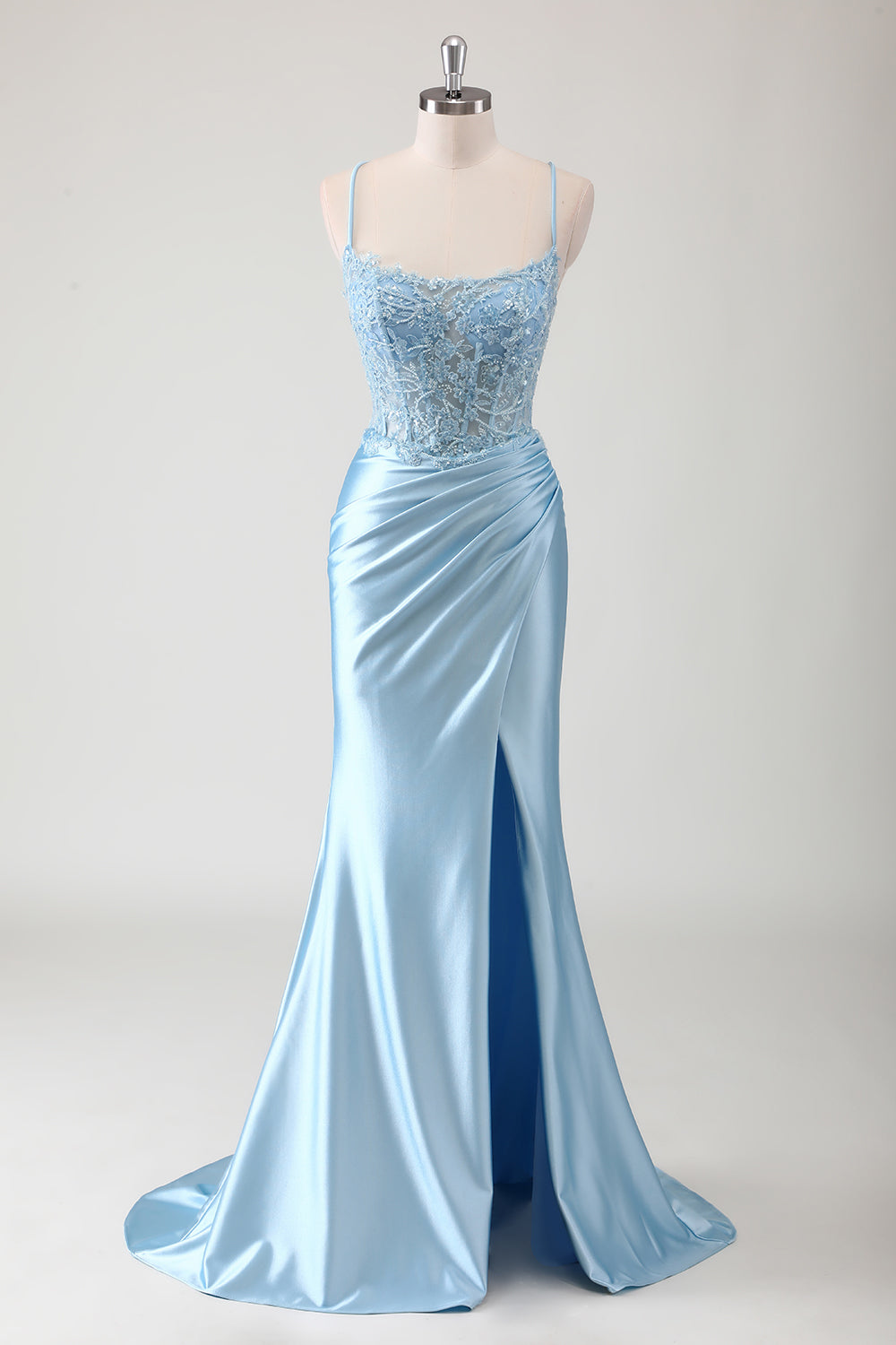 Blue Mermaid Appliqued Spaghetti Straps Corset Long Prom Dress with Slit