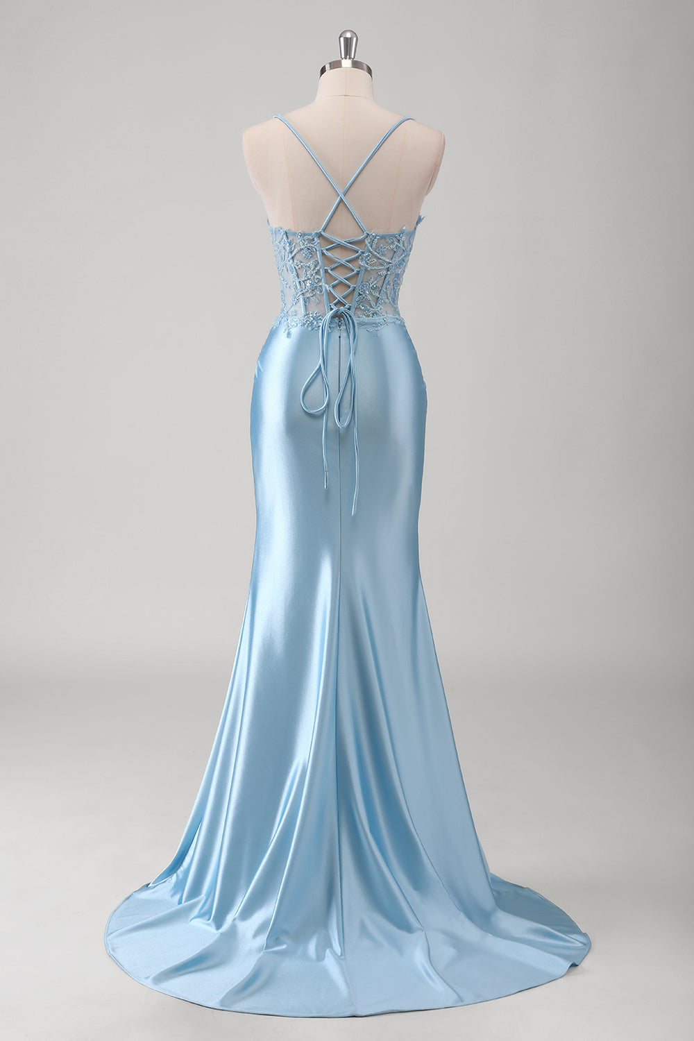 Blue Mermaid Appliqued Spaghetti Straps Corset Long Prom Dress with Slit