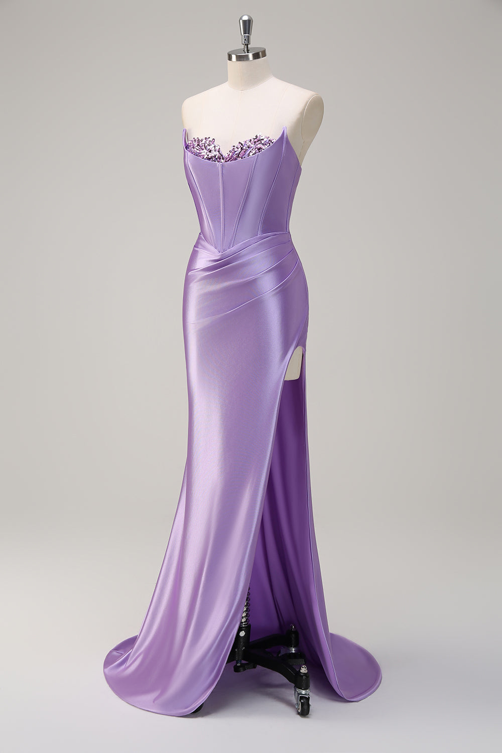 Sparkly Lilac Mermaid Strapless Corset Sequin Satin Long Prom Dress with Slit