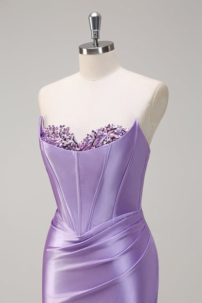 Royal Blue Mermaid Strapless Corset Sequin Ruched Long Prom Dress with Slit