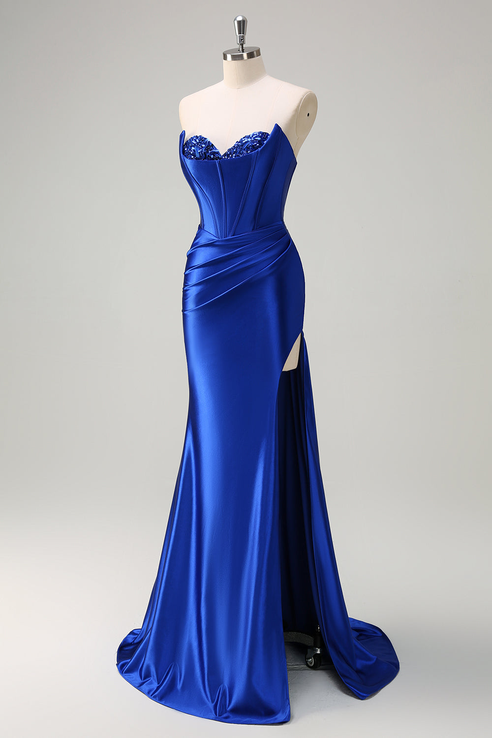 Royal Blue Mermaid Strapless Corset Sequin Ruched Long Prom Dress with Slit