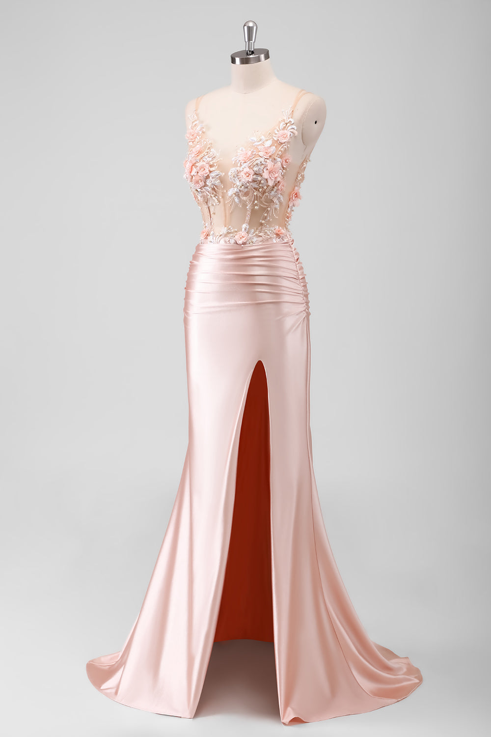 Peach Floral Mermaid Spaghetti Straps Long Prom Dress with Slit