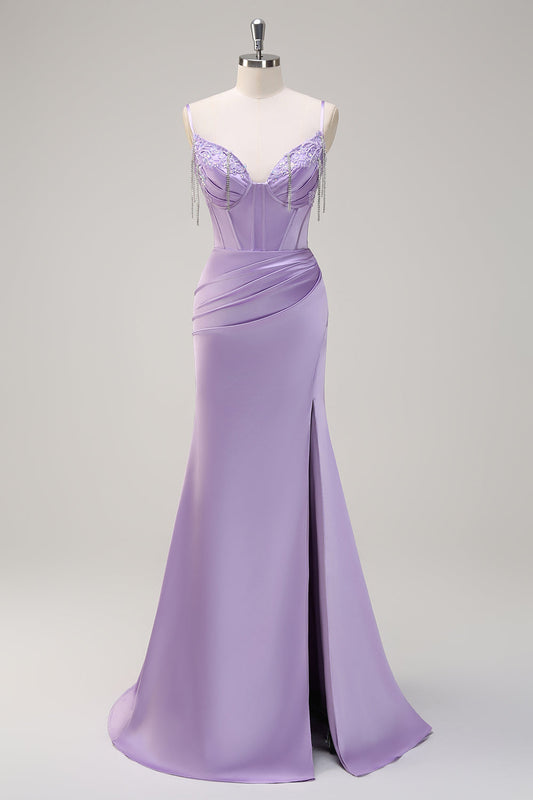 Lilac Mermaid Spaghetti Straps Tassels Long Prom Dress with Slit