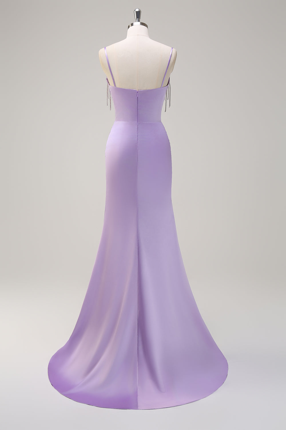 Lilac Mermaid Spaghetti Straps Tassels Long Prom Dress with Slit