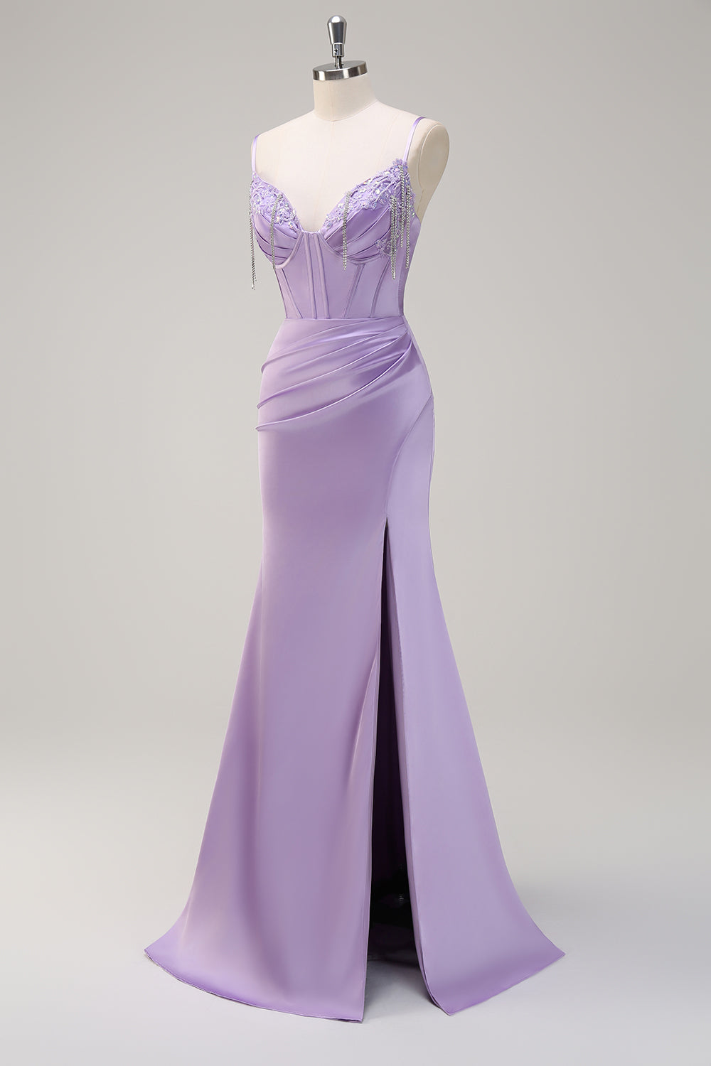 Lilac Mermaid Spaghetti Straps Tassels Long Prom Dress with Slit