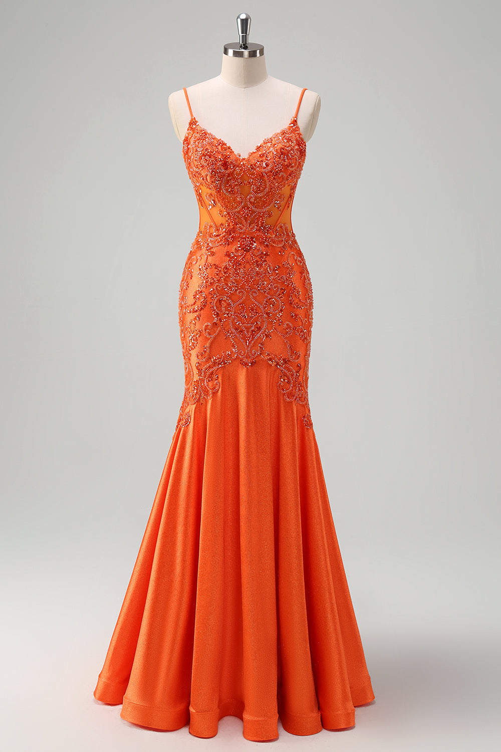 Sparkly Orange Mermaid Spaghetti Straps Beaded Corset Prom Dress with Lace