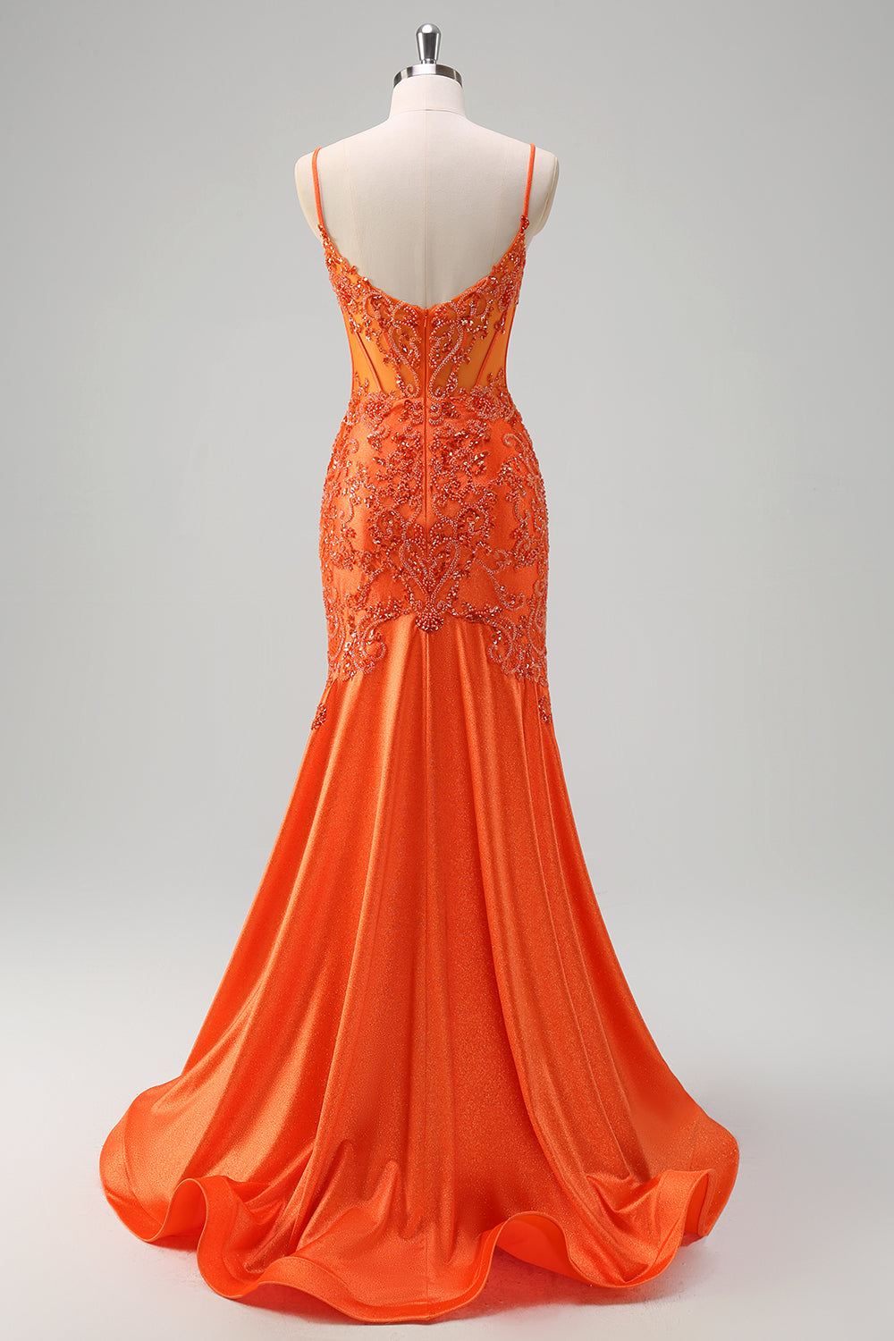 Sparkly Orange Mermaid Spaghetti Straps Beaded Corset Prom Dress with Lace