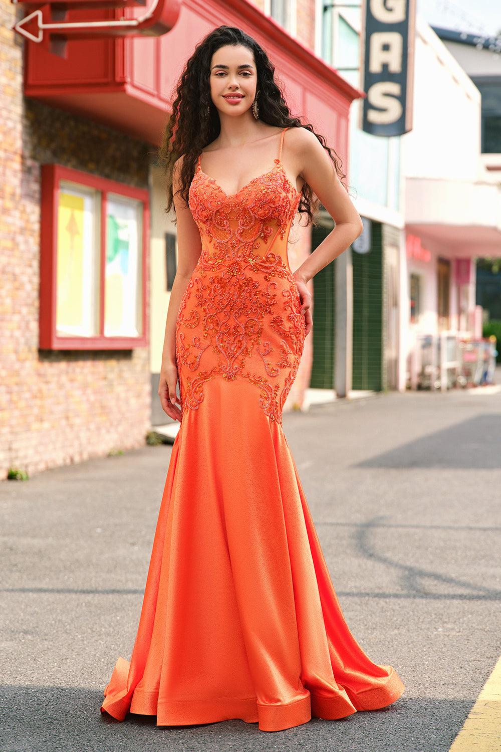 Sparkly Orange Mermaid Spaghetti Straps Beaded Corset Prom Dress with Lace