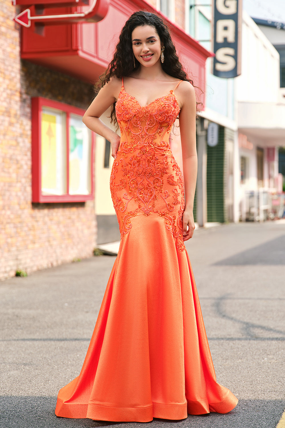 Sparkly Orange Mermaid Spaghetti Straps Beaded Corset Prom Dress with Lace