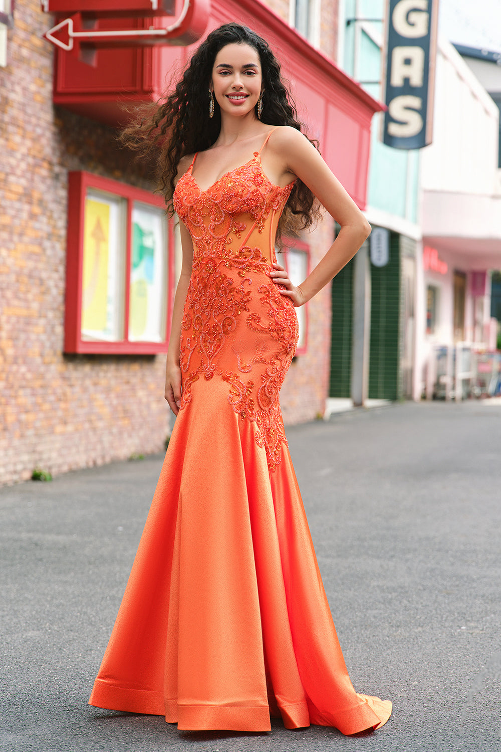 Sparkly Orange Mermaid Spaghetti Straps Beaded Corset Prom Dress with Lace