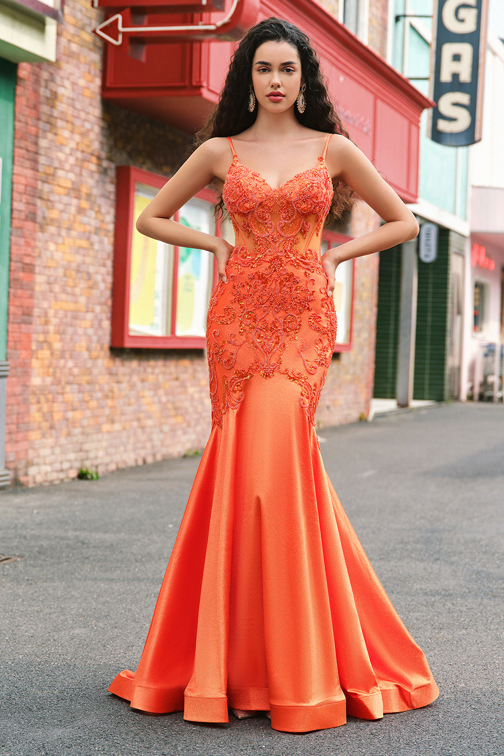 Sparkly Orange Mermaid Spaghetti Straps Beaded Corset Prom Dress with Lace