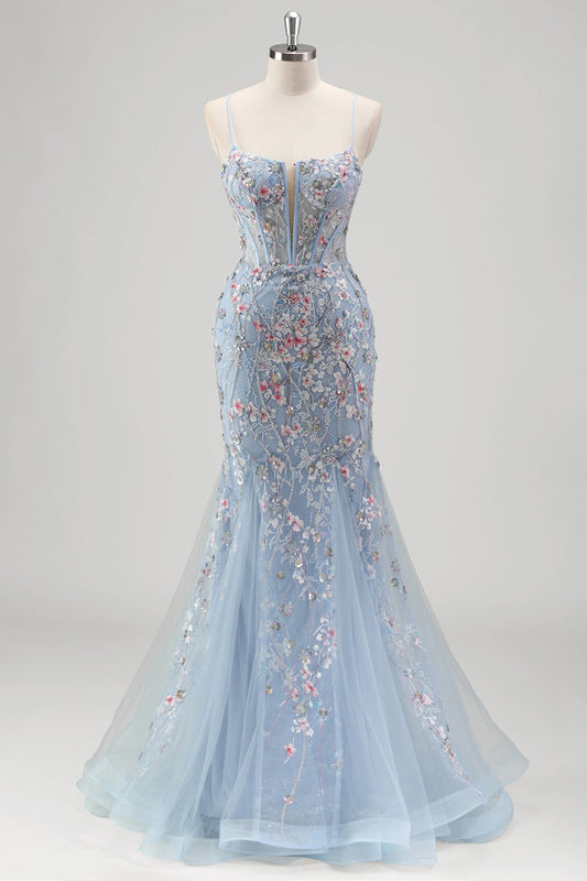 Light Blue Mermaid Spaghetti Straps Corset Long Prom Dress with Appliques