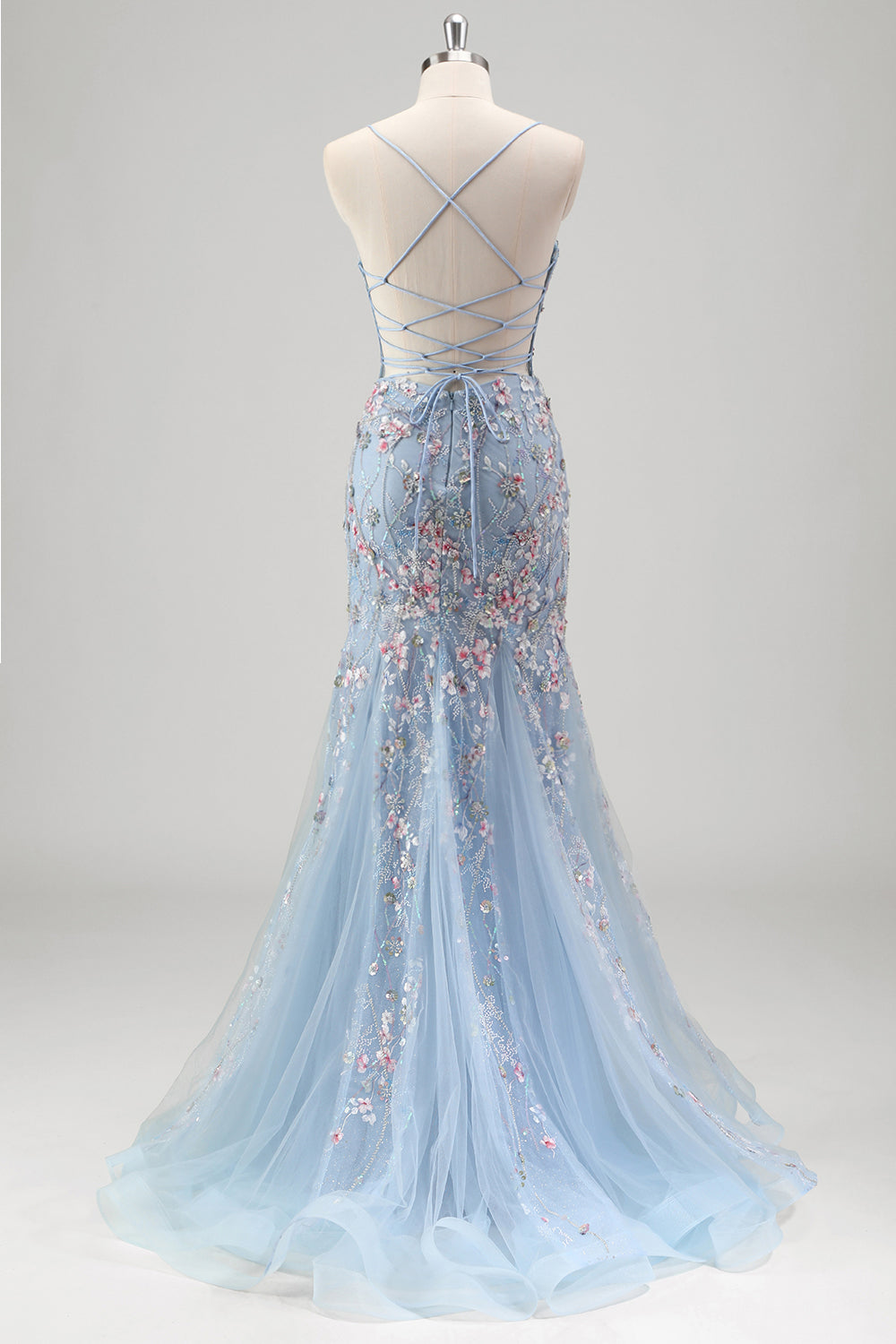 Floral Light Blue Mermaid Spaghetti Straps Corset Long Prom Dress