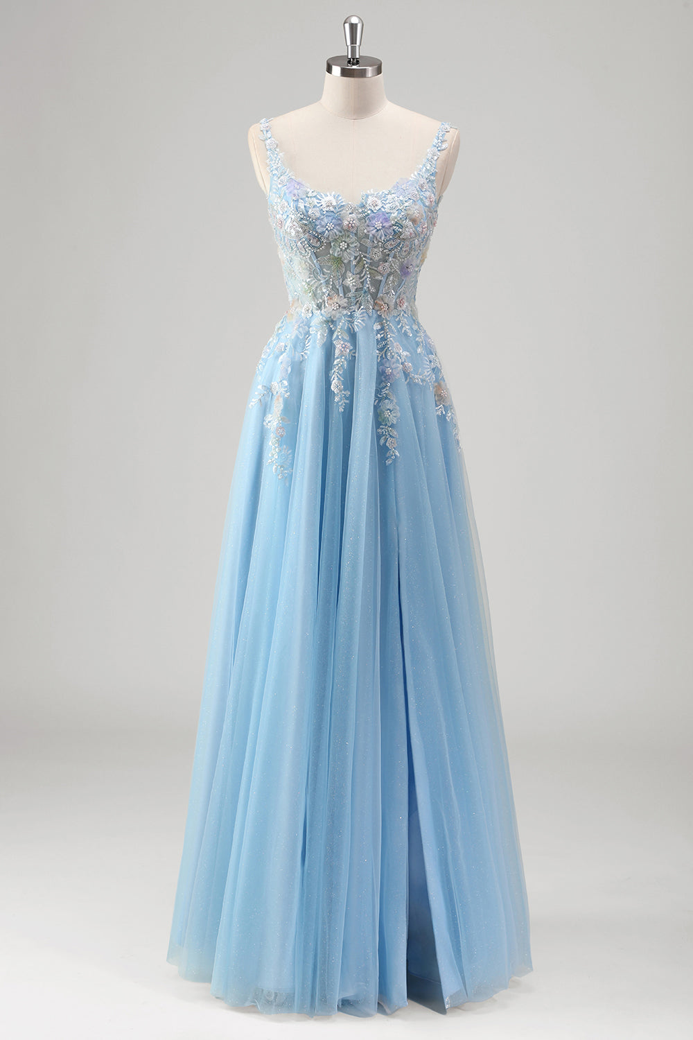 Sparkly Light Blue Applique Spaghetti Straps V-Back Long Prom Dress with Slit