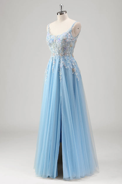 Sparkly Light Blue Applique Spaghetti Straps V-Back Long Prom Dress with Slit