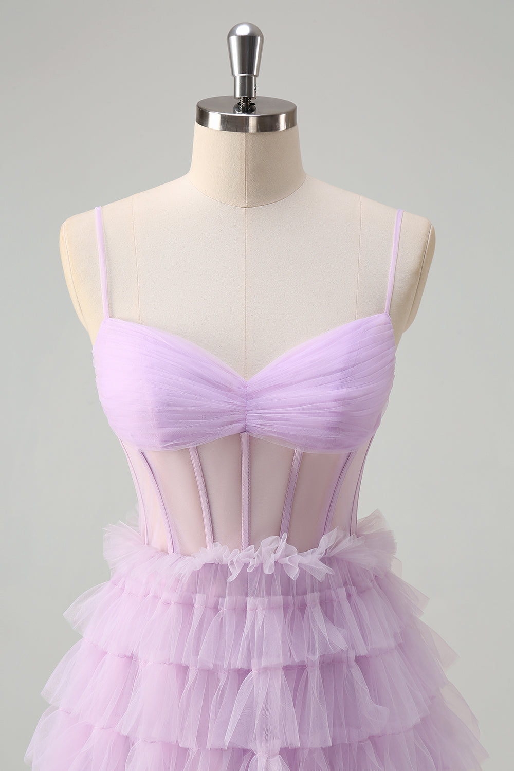 Light Purple A-Line Tiered Corset Sheer Long Prom Dress with Ruffles