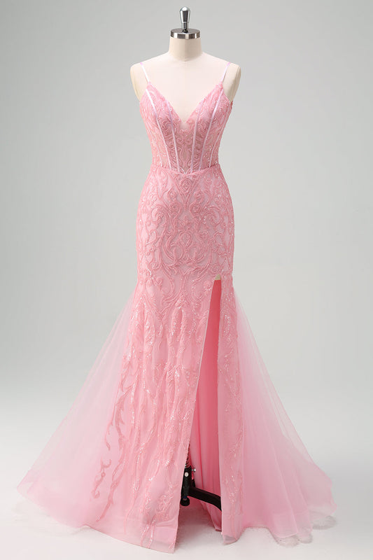 Sparkly Light Pink Mermaid V-Neck Corset Sequin Prom Dress with Slit