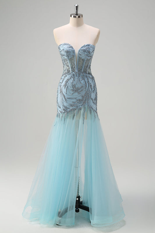 Sparkly Light Blue Mermaid Strapless Corset Long Beaded Prom Dress With Slit