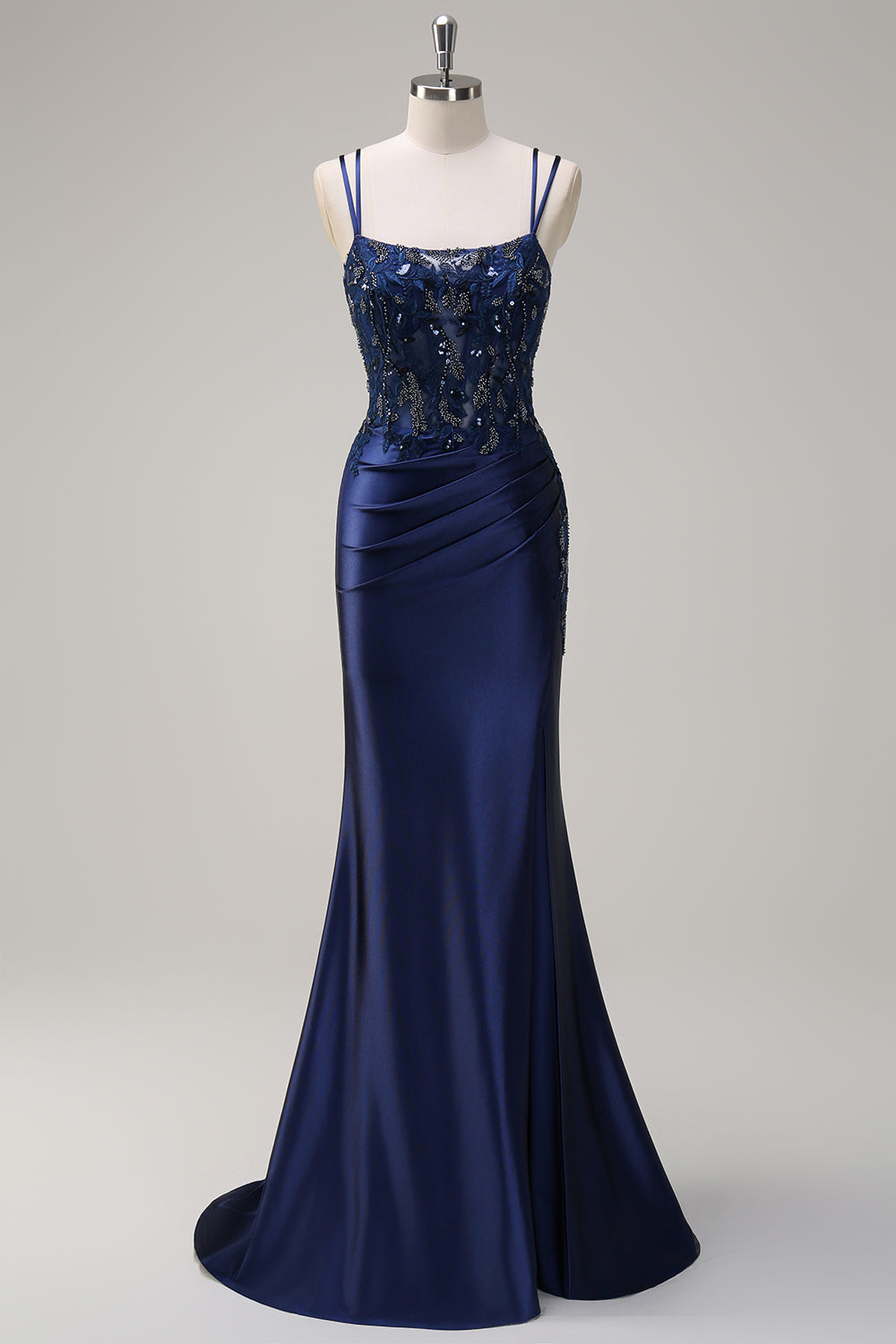 Navy Mermaid Appliques Spaghetti Straps Long Prom Dress with Slit