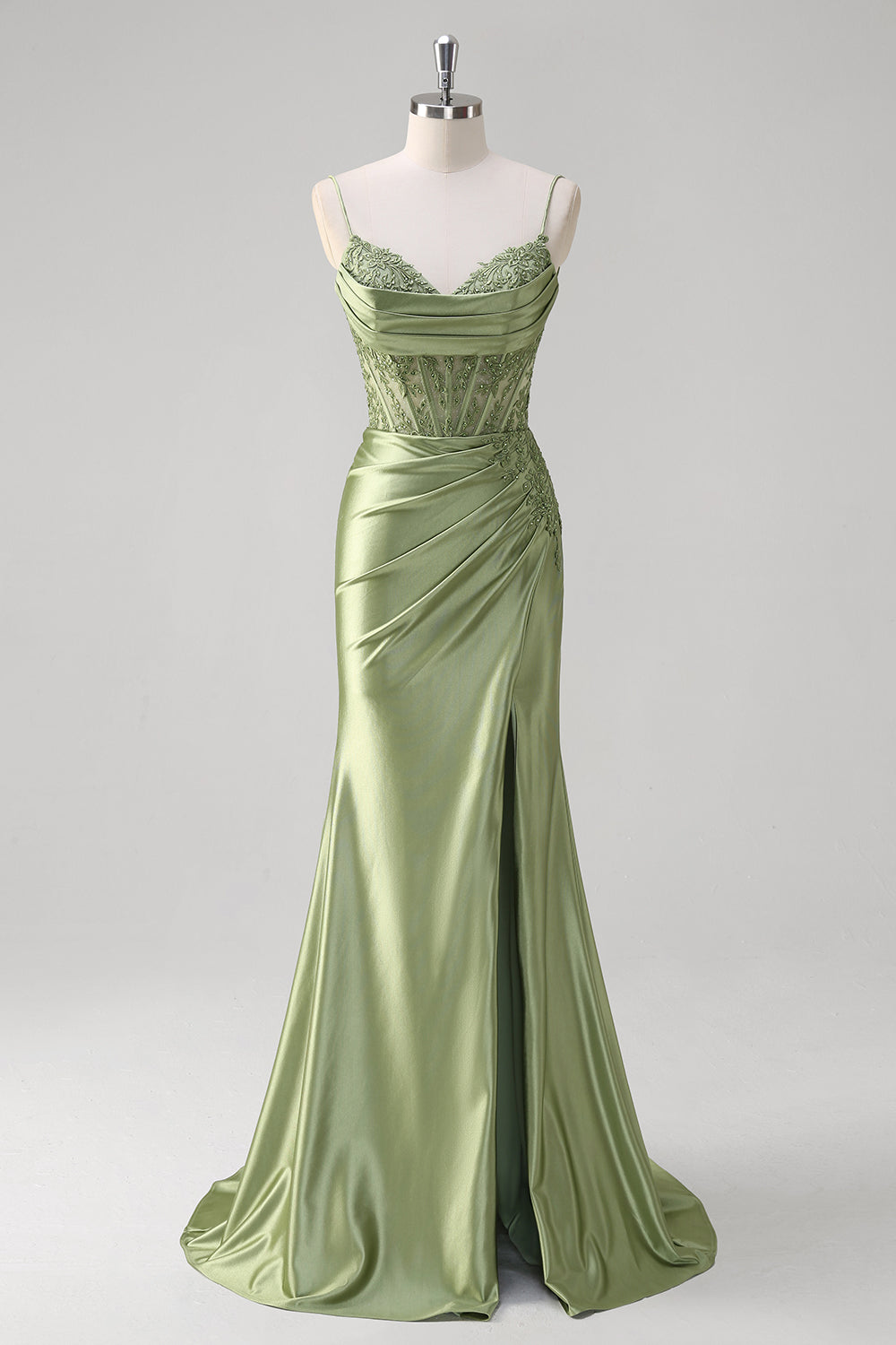 Green Mermaid Appliqued Spaghetti Straps Corset Long Prom Dress with Slit