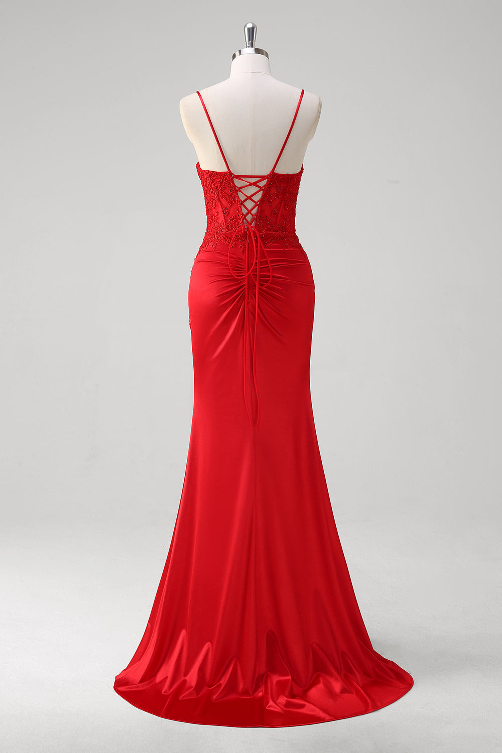 Red Mermaid Applique Spaghetti Straps Long Prom Dress with Slit