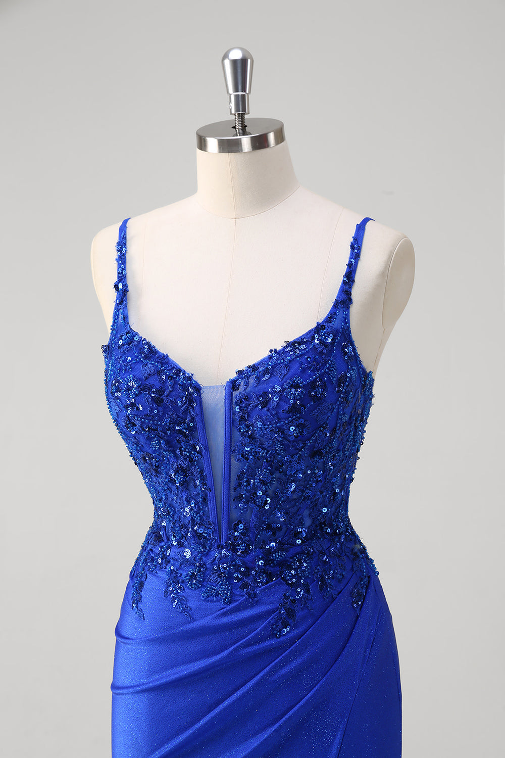 Sparkly Royal Blue Mermaid Applique Spaghetti Straps Long Prom Dress with Slit