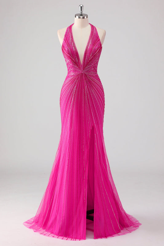 Fuchsia Mermaid Halter Open Back Beaded Long Prom Dress with Slit